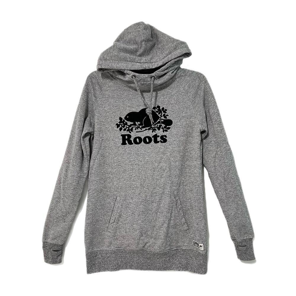 Roots Canada Heavyweight Hoodie Sweatshirt Beaver Logo Gray Heather Size Medium